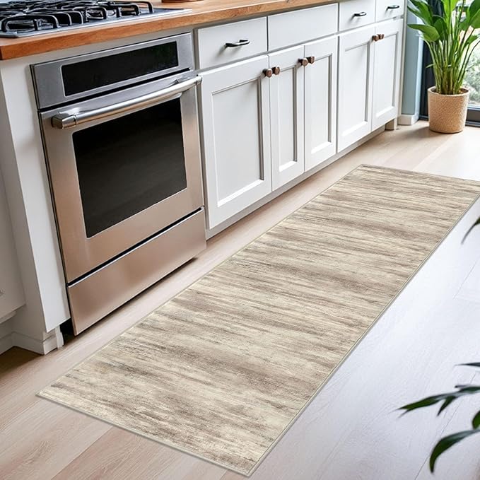 KOZYFLY Modern Abstract Runners for Hallways 2x6 Washable Rug Runner Non-Slip Soft Striped Kitchen Runner Rug, Beige Brown Print Carpet Runner for Entryway Bathroom Laundry Room Foyer
