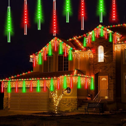 Solar Meteor Shower Lights Outdoor Decorations, Waterproof Christmas Lights Solar Powered, 16 Tubes 384LED Rain Drop Light, Snow Cascading String Light for Xmas Tree Party Garden Decor(Red and Green)