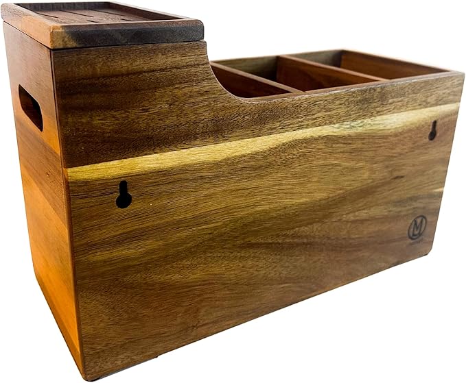 Kitchen Utensil Holder & Organizer with 6-Knife Storage Block - Wood - Countertop or Wall Mountable - Moisture & Water Resistant - Non-Slip Pads