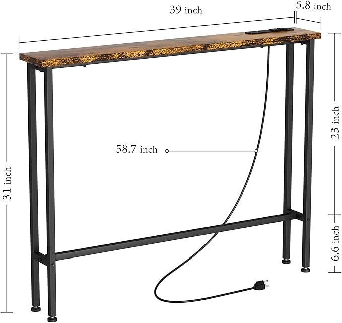 GRLEAF 39" Narrow Console Sofa Table with Built-in Power Strip (2 AC Outlets & 2 USB Ports) – 4.9ft Power Cord, Metal Frame, Easy Assembly, Ideal for Behind Couch, Hallway, and Office | Rustic Brown