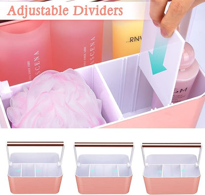 Compact Shower Caddy Dorm - Portable Bathroom Caddy Organizer with Handle and Adjustable Divider for College Dorm & Shared Bathroom, Hard Plastic Shower Basket Tote for Toiletry Drainage, Pink