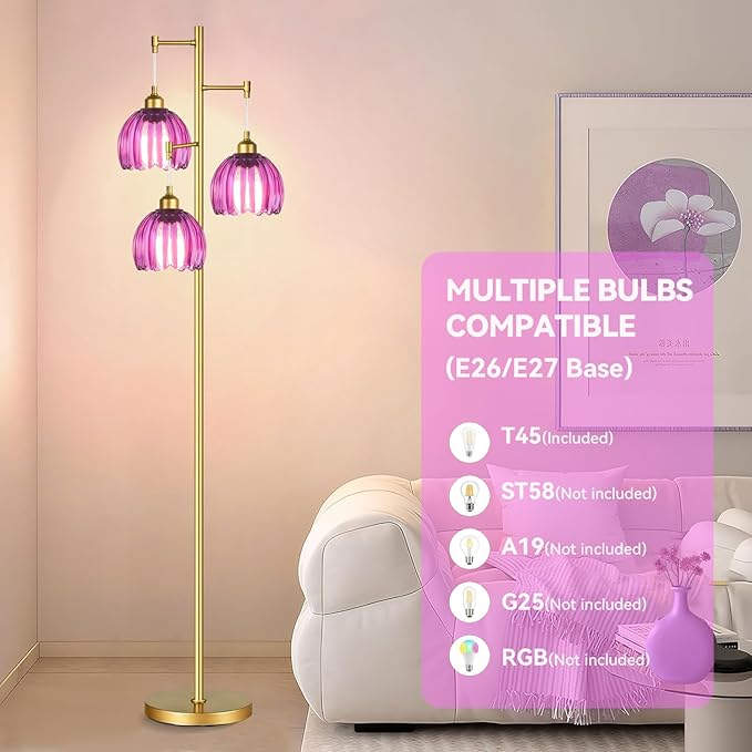 Gold Floor Lamps for Living Room Bedroom-3 Light Glass Floor Lamp with Three Led Bulb,Vintage Tall Lamp Mid Century Modern Standing Lamp Tree Floor Lamp for Bedroom Living Room,Office,Corner