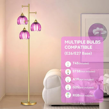 Gold Floor Lamp for Living Room Bedroom-3 Light Modern Floor Lamp with Glass Lampshape, Flower Tall Lamp Glass Standing Lamp Tree Floor Lamps for Living Room Bedroom,Corner