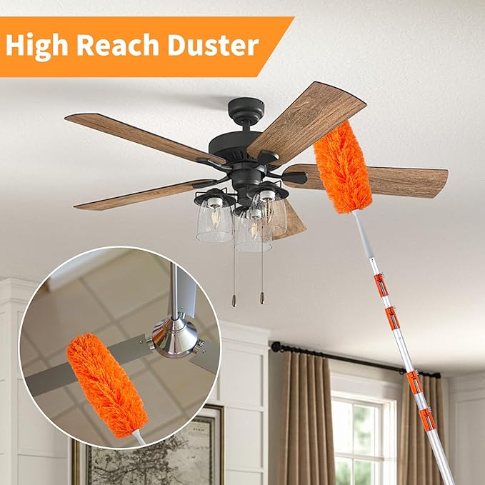 4-24 Foot Window Washing Kit with Extension Pole, Long Window Squeegee with Microfiber Scrubber, Window Cleaner Tool for Ceiling Fan, Furniture, Home (Feather Duster & Ceiling Fan Duster)