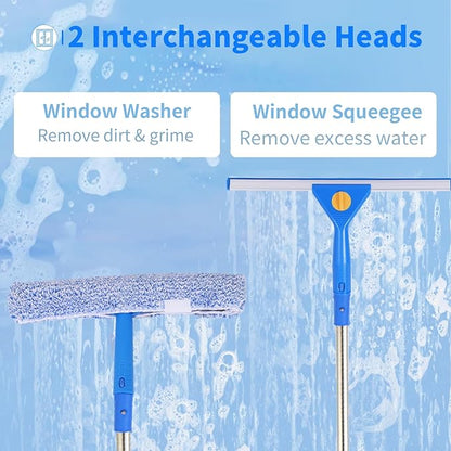 10Ft Window Cleaning Kit with Extension Pole, 14" Squeegee and 15" Scrubber with Long Handle, Window Cleaner Tool Washing Equipment for Outdoor High Windows Glass