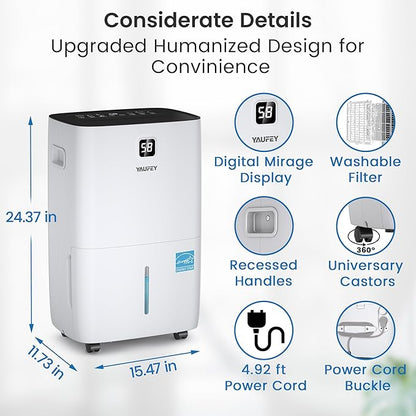 Yaufey 150 Pints Energy Star Dehumidifier with Pump for Home, Basement and Large Room up to 7000 Sq. Ft., With Drain Hose, Timer, Intelligent Humidity Control and Large Water Tank