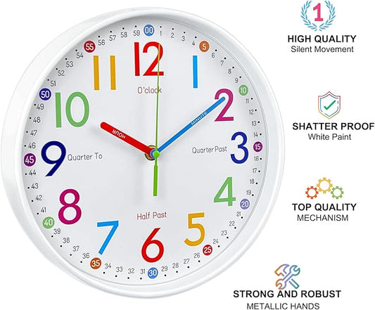 AIRUIFU Learning Clock for Kids - Telling Time Easily, Non-Ticking, Battery Operated, Silent, Colorful Teaching Time Clock - Decorative for Kids Room, Classroom, School Playroom (8 Inch)