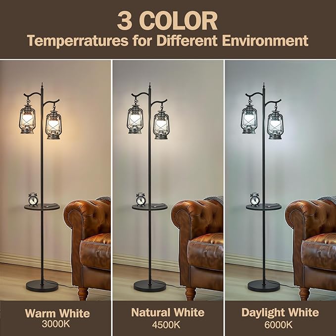 Farmhouse Floor lamp with Table, Double Head Vintage Floor Lantern, Standing lamp for Living Room，Bedroom, Rustic Floor Lamp with Silver Finish