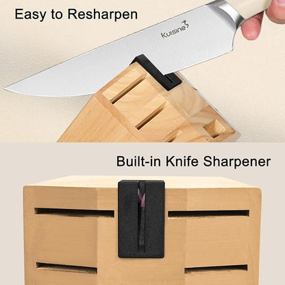 Kuisine Chef Knife Set,High Carbon Stainless Steel Block Knife Set,Knife Block Set with Built-in Sharpener,Sharp Knife Set Forged,Elegant Gift(Ivory,15pcs）