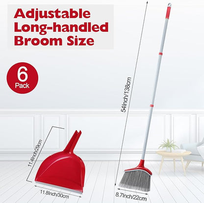 Meanplan 6 Pcs Angle Broom and Dustpan Combo Set for School Classroom 54 Inch Outdoor Indoor Cleaning Broom Commercial Broom with Step-on Dustpan for Home Kitchen Office Floor Dirt Dust Hair Cleaning