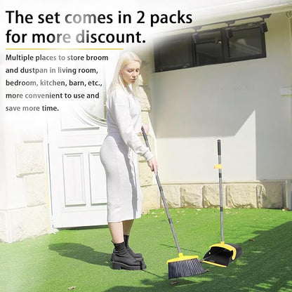 2-Pack is More economical，Upgraded Broom and Dustpan， with 52" Long Handle, Dustpan Teeth with self-Cleaning Function, Indoor and Outdoor Sweeping, Perfect for Home Office