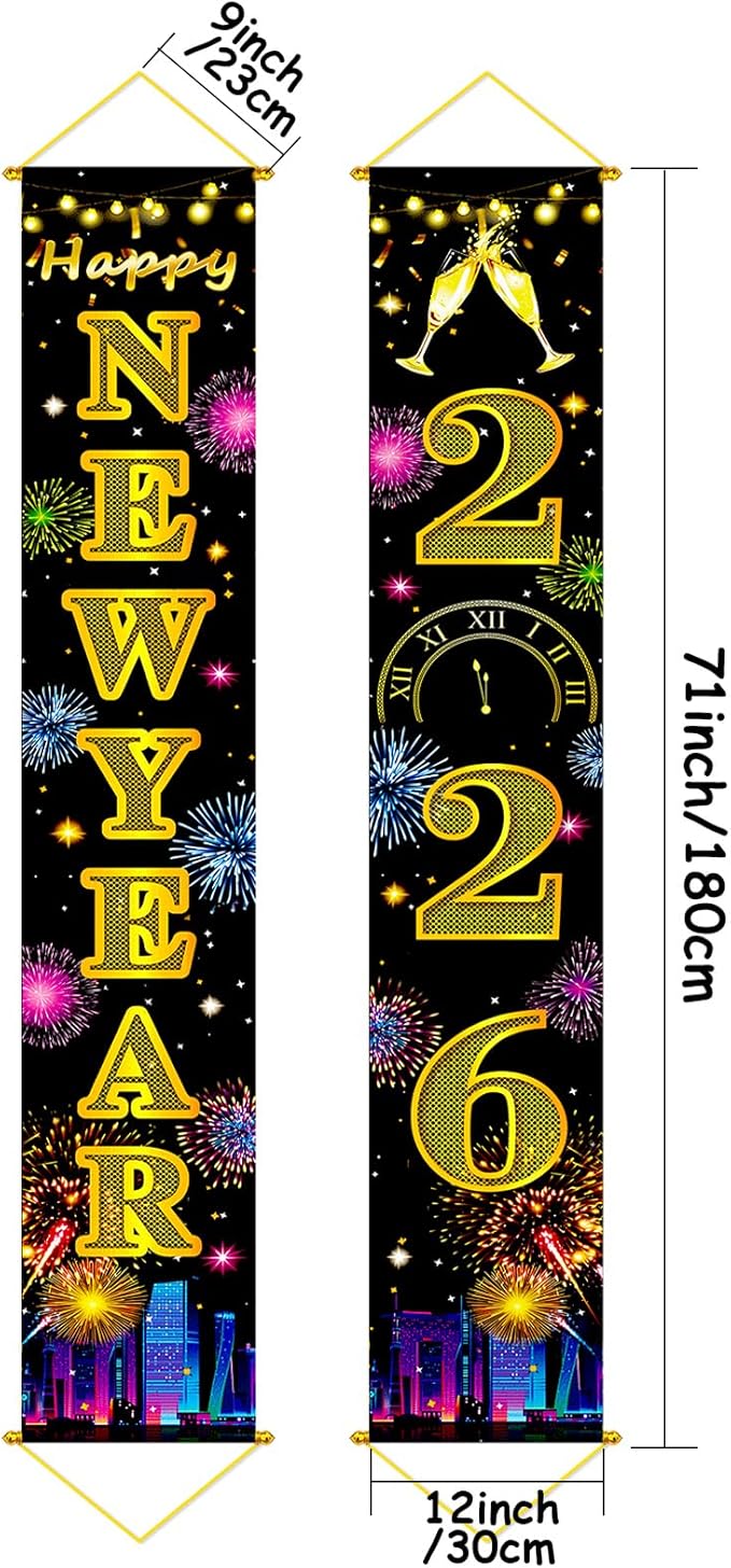Upgraded, Ideal New Years Eve Party Supplies 2026, 300D Premium New Year Banner 2026, Large 71x12in (with 2pcs Golden hanging rod) Classic Design, HQ Fabric, HD Printing, Perfect for NYE Decorations