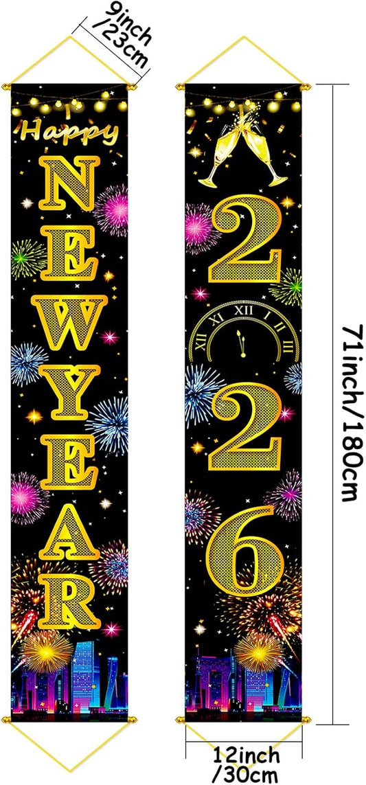 Upgraded, Ideal New Years Eve Party Supplies 2026, 300D Premium New Year Banner 2026, Large 71x12in (with 2pcs Golden hanging rod) Classic Design, HQ Fabric, HD Printing, Perfect for NYE Decorations