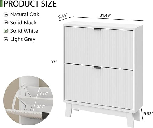Shoe Cabinet with 2 Flip Drawers, 37" Tall Narrow Fluted Shoe Storage Organizer for Entryway, Hidden Slim Wooden Shoe Rack Cabinet for Front Door Entrance, Hallway, Living Room, Solid White