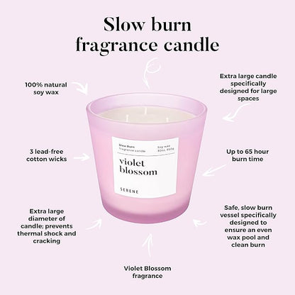 Hidden Label Large Scented Candle, Violet Blossom, 30oz 3 Wick Huge Candle, Serene Collection Slow Burn Natural Soy Candles for Home Scented