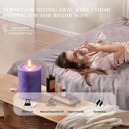 4 Pcs Purple Lavender Scented Pillar Candles, 60 H Long Burning, Natural Essential Oils,2.8x4in Non-Toxic & Smokeless,Calming Aromatherapy for Bedroom Sleep Aid/Bath SPA/Office Stress Relief