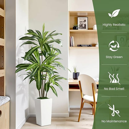 Artificial Dracaena Fake Tree 5FT, White High Pot Artificial Plants Indoor&Outdoor, Fake Plants for Office/Home/Living Room Potted Decoration, 5ft