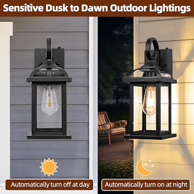 2-Pack Outdoor Wall Lights Dusk to Dawn, 15 Inch Aluminum Anti-Rust Exterior Light Fixture with IP65 Clear Tempered Glass Large Outside Wall Sconce Lanterns for House Matte Black