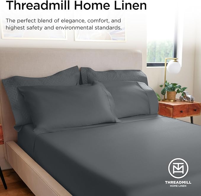 Threadmill 100% Cotton Sheets for Queen Size Bed - 600 Thread Count Queen Bed Sheets Set with 16” Deep Pocket - Sateen Weave 4-Piece Bedding Set with Cooling Effect, Dark Grey