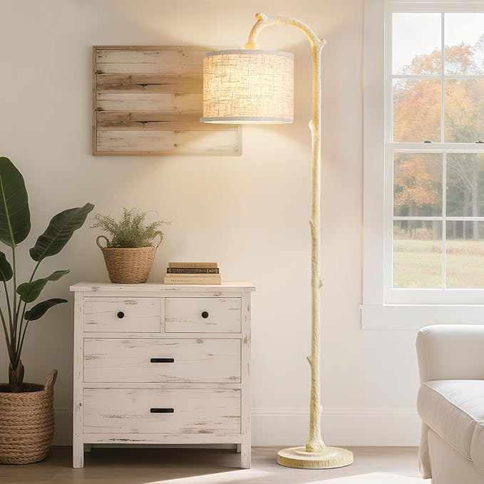 Floor Lamp for Living Room - 69" Rustic Farmhouse Tall Lamp with 3 Color Temperatures- Country Resin Vintage Reading Light Standing Lamps for Bedroom Office Classroom Home Decor, Almond White