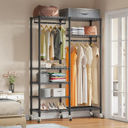 VIPEK R4 Garment Racks Heavy Duty Clothes Rack -620lb Capacity Metal Frame, Rolling Lockable Wheels & 6 Tiers Adjustable Height Shelves & Hanger Rods, Sturdy Wardrobe Closet for Home Storage, Black