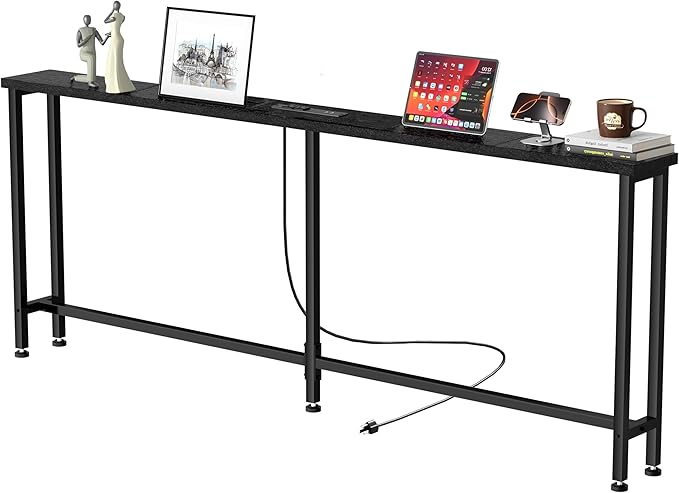 GRLEAF 63" Narrow Console Sofa Table with Built-in Power Strip (4 AC Outlets & 4 USB Ports) – 4.9ft Power Cord, Metal Frame, Easy Assembly, Ideal for Behind Couch, Hallway, and Home Office | Black