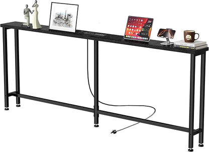 GRLEAF 63" Narrow Console Sofa Table with Built-in Power Strip (4 AC Outlets & 4 USB Ports) – 4.9ft Power Cord, Metal Frame, Easy Assembly, Ideal for Behind Couch, Hallway, and Home Office | Black