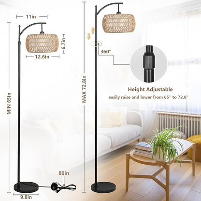 Arc Floor Lamp with Remote Control, Dimmable LED Floor Lamp with 3 Color Temperature, Black Standing Lamp with Rattan & Fabric Double Drum Shade, Boho Farmhouse Tall Pole Lamp for Living Room Bedroom