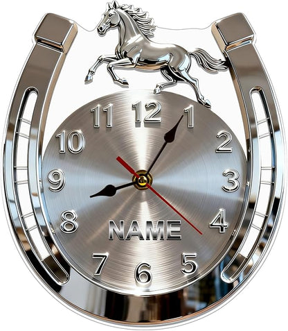 Personalized Horseshoe Name Wall Clock for Horse Lovers Acrylic 2D Printing Customizable Horseshoe Clock with Name 10/12/14/16 Inch Decorative Home Office Clocks