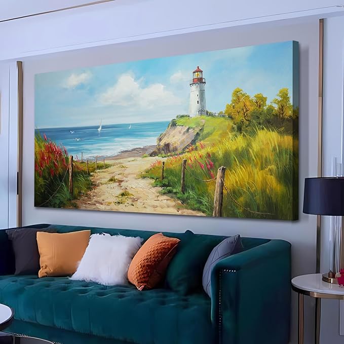 Acocifi Blue Coastal Wall Art Lighthouse Picture Nature Fall Landscape Ocean Beach Seascape Canvas Painting, Textured Artwork Large Framed for Living Room Bedroom Bathroom Office Home Decor 48"x24"