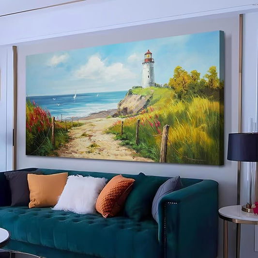 Acocifi Beach Canvas Wall Art Lighthouse Picture Nature Fall Landscape Blue Ocean Coastal Seascape Canvas Painting, Textured Artwork Large Framed for Living Room Bedroom Bathroom Office Home Decor 40"x20"