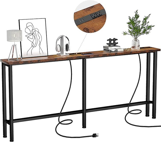 78" Narrow Console Sofa Table - 2 Power Outlets & 4 USB Ports, Metal Frame, Rustic Brown, Perfect for Hallway, Office, and Behind Sofa - Easy Assembly, 4.9' Extension Cord Included
