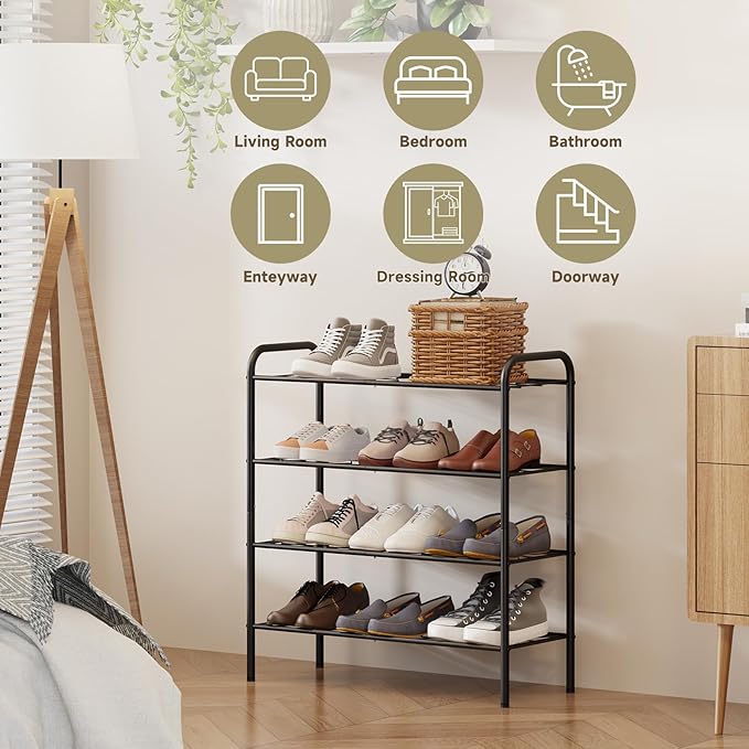 4-Tier Metal Shoe Rack, Free Standing Shoe Storage Rack for Entryway, Closet and Hallway (Black, 4-Tier-Short)