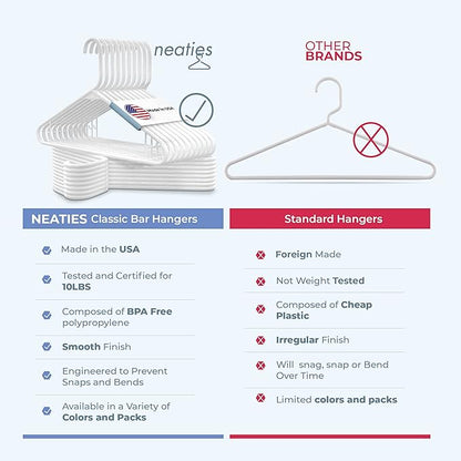 Neaties Plastic Hangers 100+ Pack (150 Count) – Made in The USA – 6lb Capacity Standard Clothes Hangers with Strap Hooks for Dresses, Lingerie, Shirts, Pants, and Jackets – Black