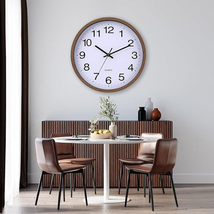 Wall Clock 12 Inch Wooden Frame Glass Cover Non-Ticking Number Quartz Modern Quartz Design Decorative Bedroom Kitchen Office Classroom Dark Brown
