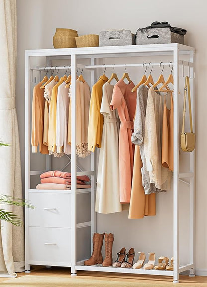 Lulive Clothes Rack, Heavy Duty Garment Rack for Hanging Clothes, Industrial Clothing Racks with Shelves, 2 Fabric Drawers, 4 Hooks, 2 Hanging Rods, Freestanding Closet Organizer (Modern)