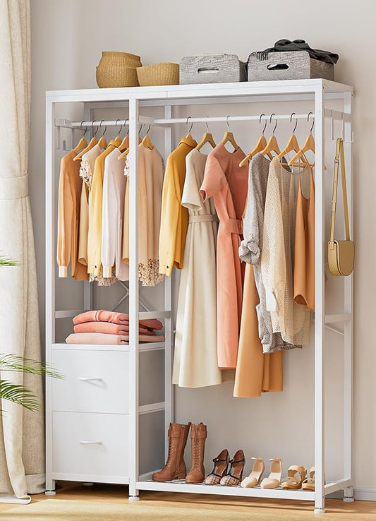 Lulive Clothes Rack, Heavy Duty Garment Rack for Hanging Clothes, Industrial Clothing Racks with Shelves, 2 Fabric Drawers, 4 Hooks, 2 Hanging Rods, Freestanding Closet Organizer (Modern)