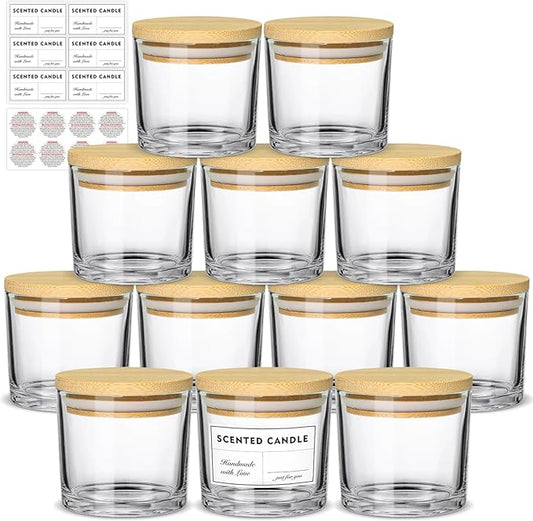 4oz Candle Jars 12 Pack- Small Clear Empty Glass Candle Jars with Bamboo Lids, Stickers and labels, Bulk Candle Vessel for Making Candles Containers, Ideal for Candle Business Owners