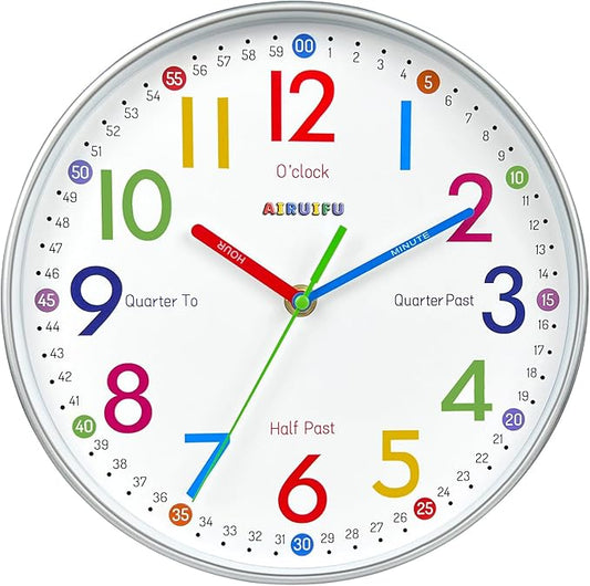 AIRUIFU Wall Clock for Kids Learning to Tell Time, 12 Inch Silent Analog Clock for Kids Room Decor/Bedroom/Classroom/Playroom, Colorful Teaching Clock Helps Kids Easier to Tell Time