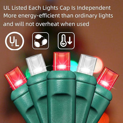 50L String Lights, LED Christmas Lights, 6" SPACING,Green Wire, Red and White