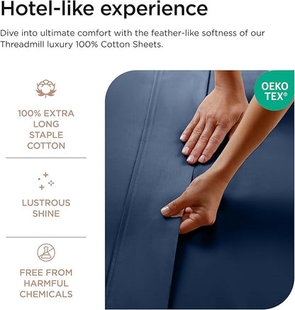 Threadmill 100% Cotton Sheets for King Size Bed - 600 Thread Count King Bed Sheets Set with 16” Deep Pocket - Sateen Weave 4-Piece Bedding Set with Cooling Effect, Folkstone Blue