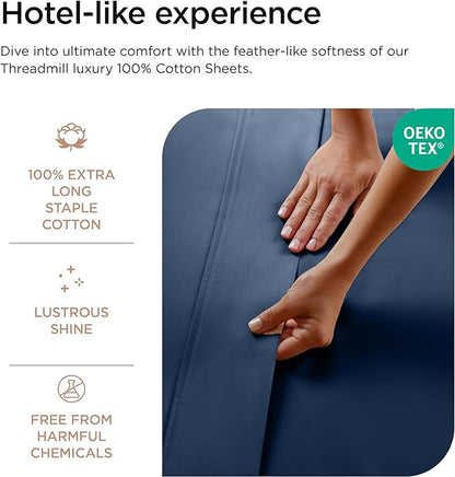 Threadmill Luxury 800 Thread Count Queen 100% Cotton Sheets - Folkstone Blue Sateen Weave Bed-Sheets, Better Than Egyptian Cotton,4 Pc Solid Soft Bed Set, Fits 16" Deep Pocket
