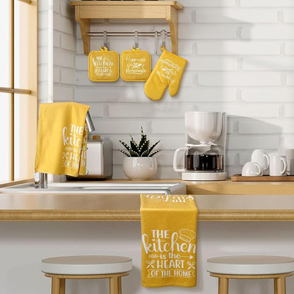 Sratte 6 Pcs Kitchen Decor Accessories Set Farmhouse Towels Pot Holders Oven Mitts Set 2 Dish Towels 2 Potholders 2 Cooking Mittens Oven Glove for Christmas Baking Cooking Supply(Yellow,Kitchen)