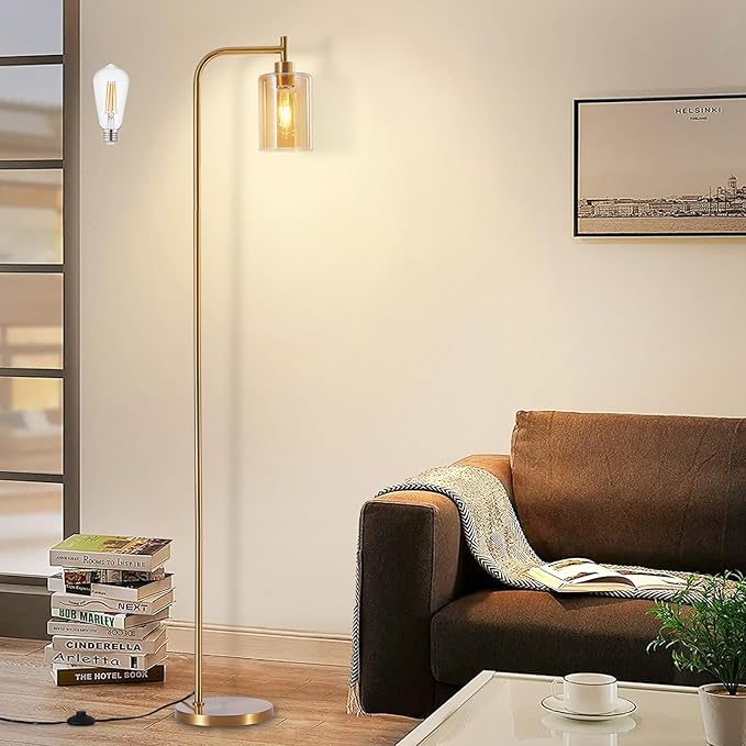 DLLT Floor Lamp Tall for Room: Gold Standing Lamp with Amber Glass Lampshade for Living Room - Modern Bright Lamp for Bedroom - Industrial Corner Floor Lamps for Office 8W Led Bulb Included