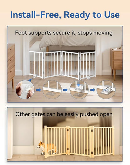 Free Standing Foldable Dog Gate, 16.5" High Step-Over Metal Short Pet Gate, Up to 72" Wide Puppy Fence for Stairs and Doorways, Indoor & Outdoor Use, No Drilling and No Assembly, White