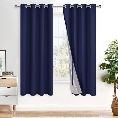 XWZO Full Shading Blackout Curtains 72 Inches Length - Heat and Light Blocking Ring Top Window Drapes with Black Liner Backing for Bedroom Sewn with Tiebacks, Navy Blue, W52 x L72, Set of 2