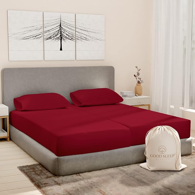 Good Sleep Bedding Split King Sheets Sets for Adjustable Bed Cotton, 1000 TC Egyptian Cotton Sheets, 5 Piece Cotton Split King Sheet Set, Sateen Sheets, 2 Fitted - 16" Deep Pocket, Burgundy