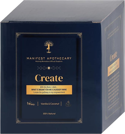 Create Aromatherapy Candle – Vanilla & Coconut Scent with Cinnamon and Rose Quartz Crystals – Hand-Poured Soy Candle for Inspiration, Creativity & Manifestation by Manifest Apothecary- Blue (Create)
