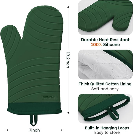 Beneno Premium Silicone Oven Mitts 2-Pack Heat Resistant 500°F, Soft Flexible Non-Slip Grips, BPA-Free & Waterproof Oven Mitts with Comfort Cotton Lining for Baking, Grilling, Cooking, 7"x13", Green