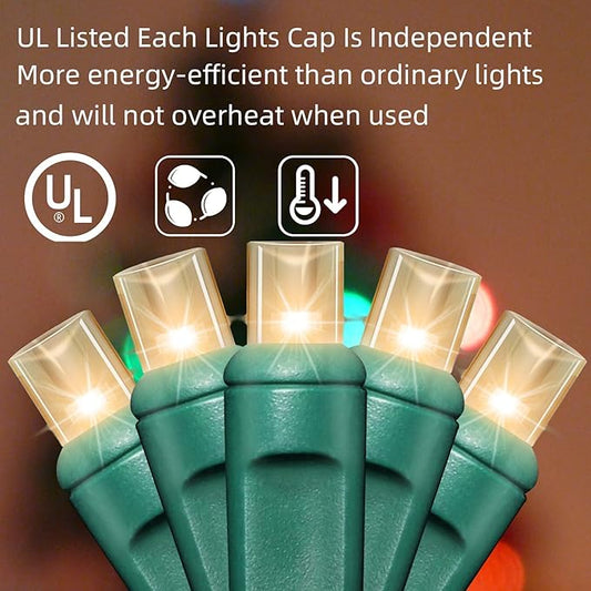 50Count String Lights, LED Christmas Lights, 6" SPACING,Green Wire,Warm White,Commercial Grade